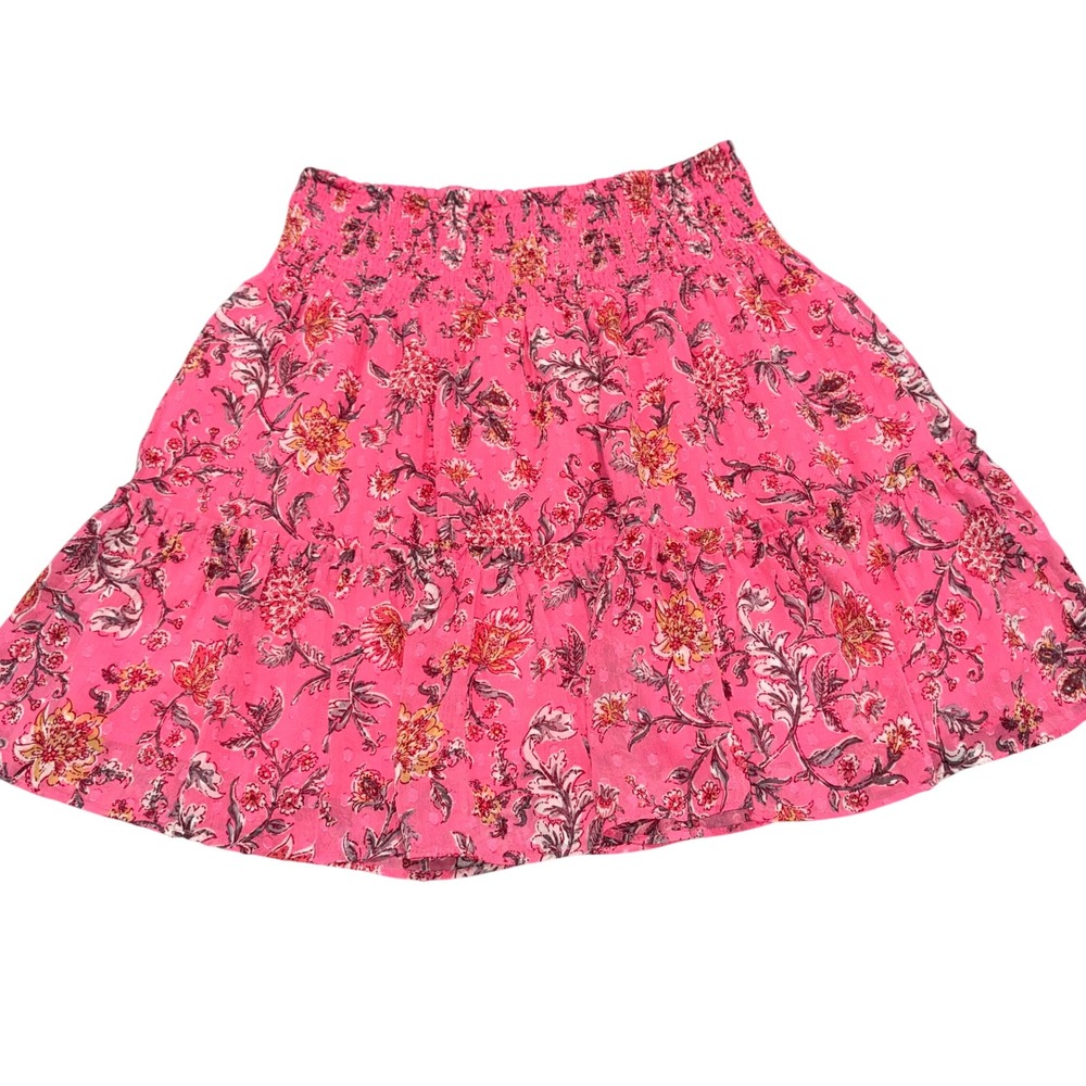 Floral Smocked Mini Skirt Womens Small Pink Ruffle Tiered Joie